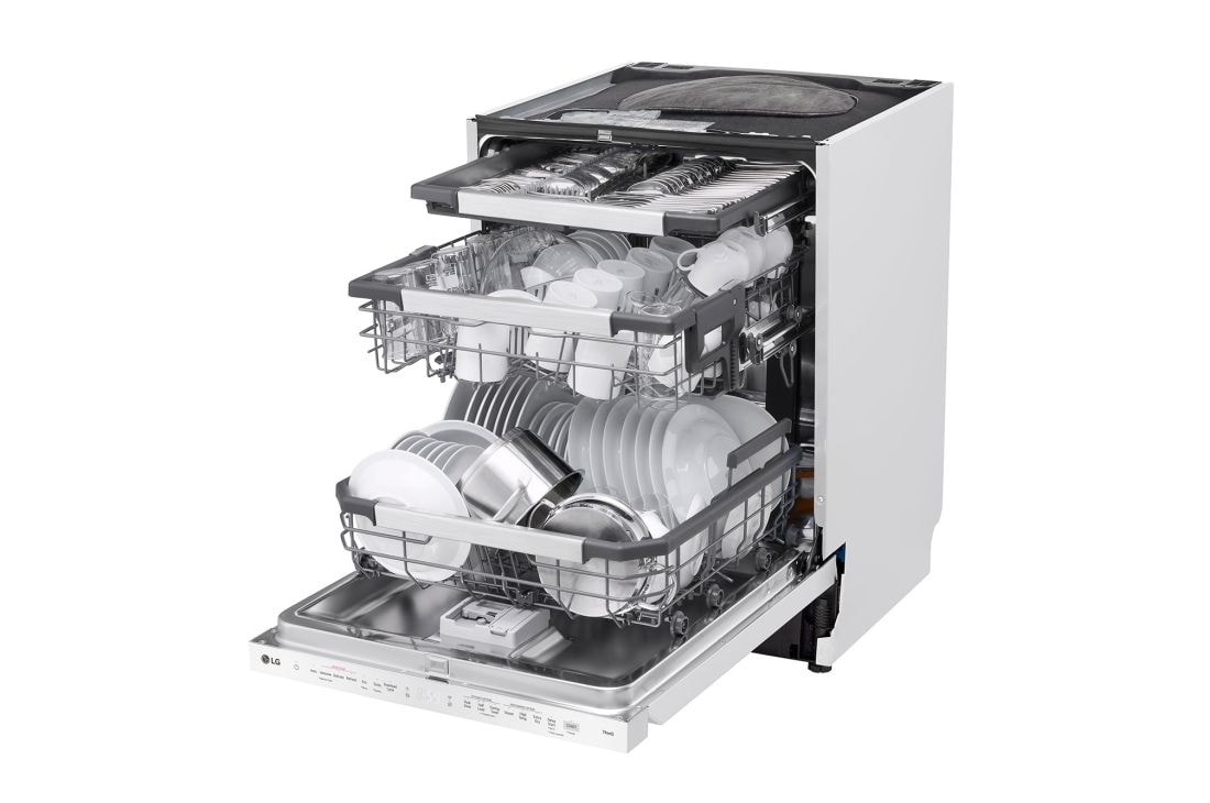 LG 14 kuverter QuadWash™ oppvaskmaskin med TrueSteam™ Energiklasse A-10 %, Left side open view with dish, SDU587HH, thumbnail 8