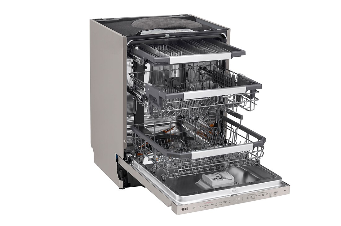 LG 14 kuverter QuadWash™ integrert oppvaskmaskin med TrueSteam™ Energiklasse A-10 %, Front open view with dish, SDU587HV, thumbnail 7