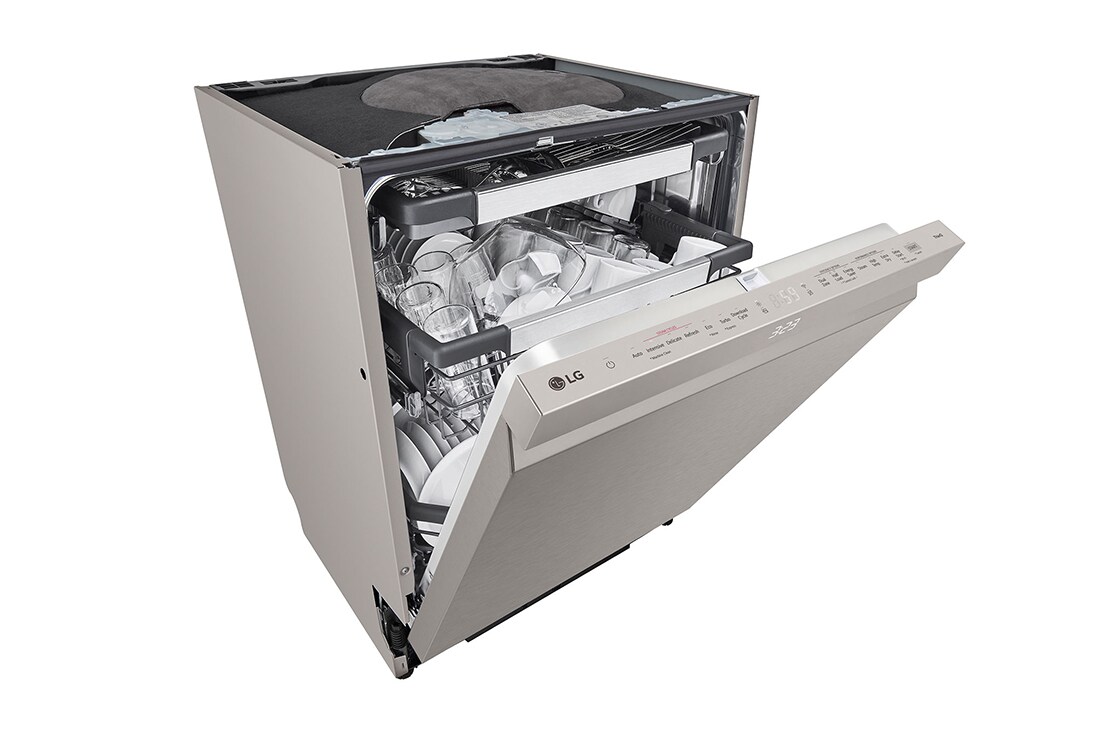 LG 14 kuverter QuadWash™ integrert oppvaskmaskin med TrueSteam™ Energiklasse A-10 %, Left side open view with dish, SDU587HV, thumbnail 8