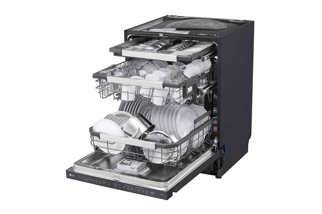 LG 14 kuverter QuadWash™ integrert oppvaskmaskin med TrueSteam™ Energiklasse A-10 %, Left side open view with dish, SDU587HM, thumbnail 8
