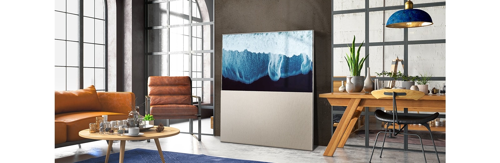 Et elegant hjem med LG OLED Objet Collection staffeli plassert mot veggen. I denne vinkelen ser det nesten ut som et kunstverk i stedet for en TV.