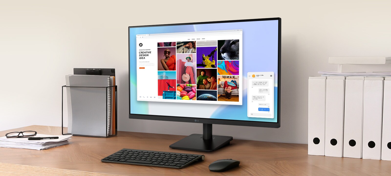 Full HD IPS-skjermen står på skrivebordet og viser klare og nøyaktige fargebilder på skjermen.	
