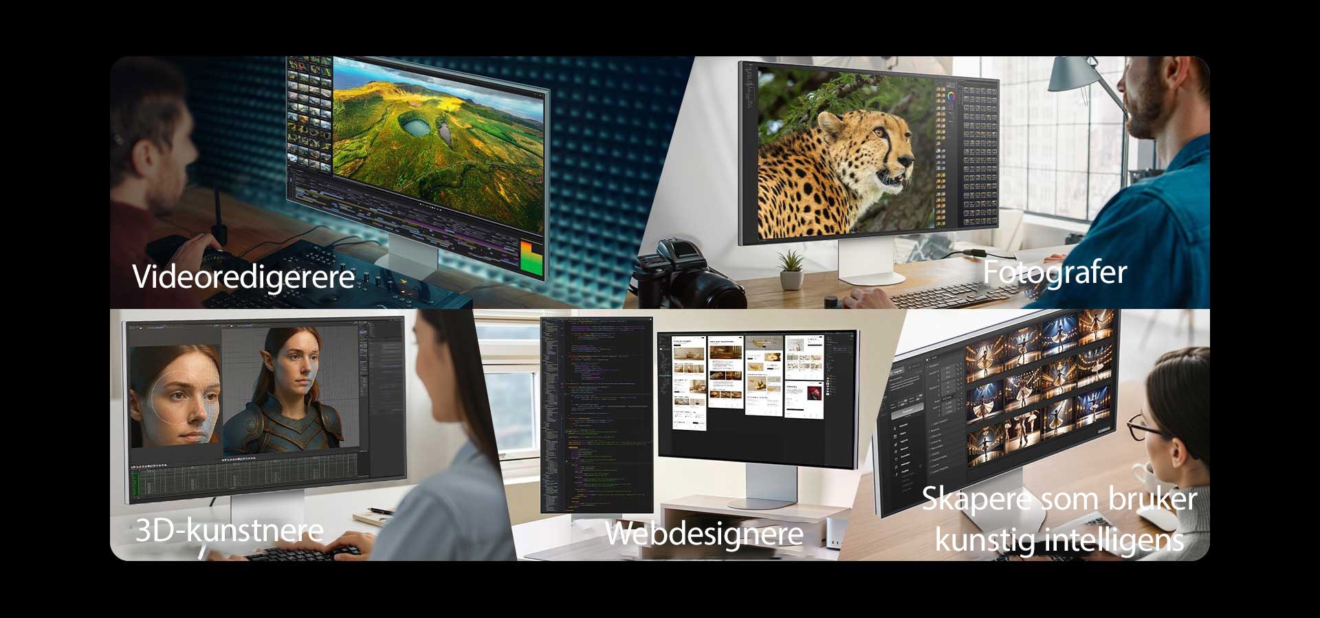 5 imagini care arată diferiți artiști creativi care lucrează pe monitoare UltraFine folosind diferite instrumente.