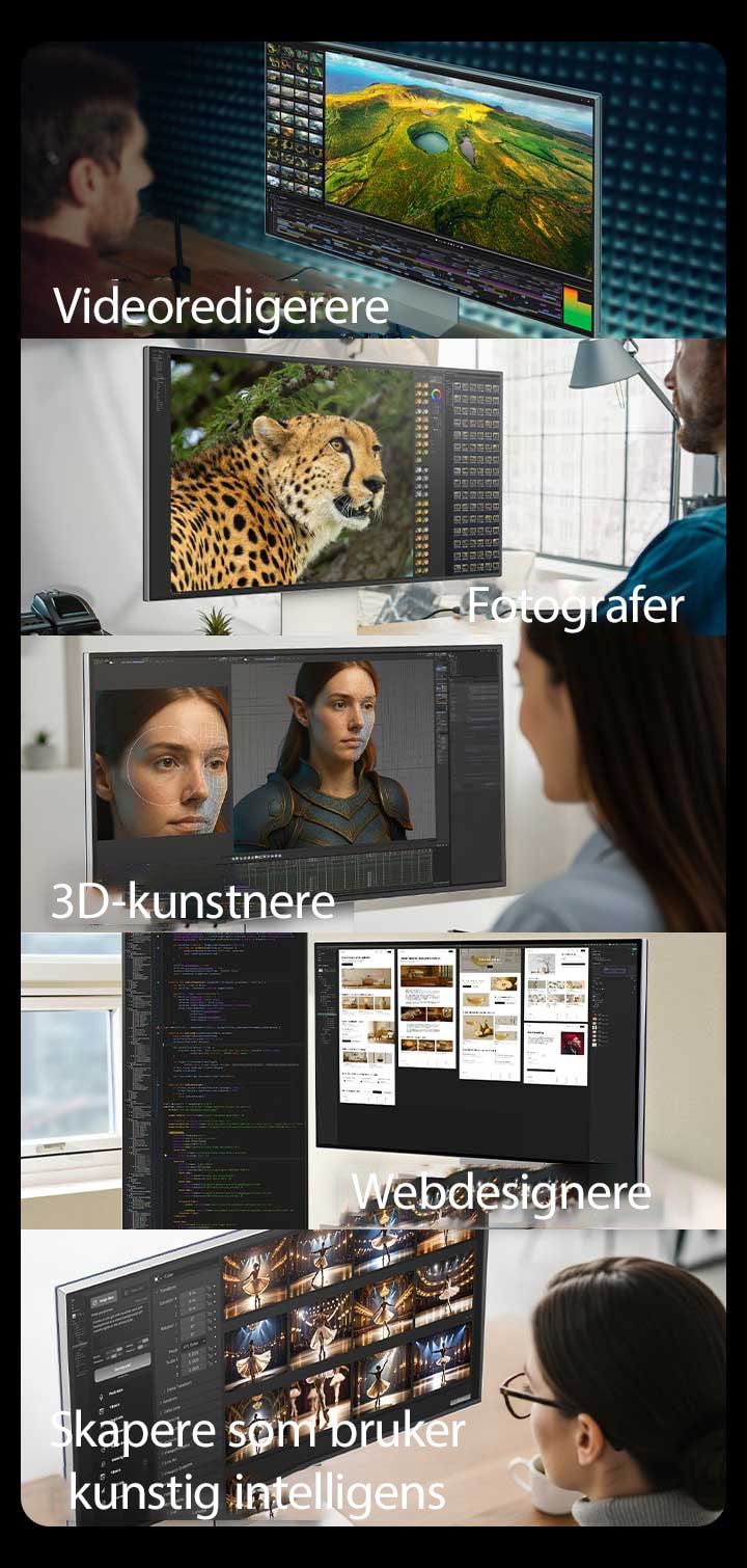 5 imagini care arată diferiți artiști creativi care lucrează pe monitoare UltraFine folosind diferite instrumente.