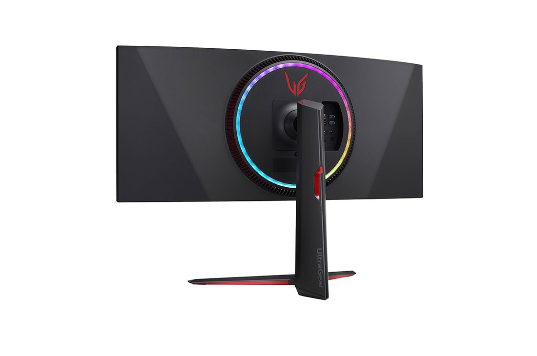 LG 34” UltraGear™ Nano IPS 1 ms gamingskjerm med NVIDIA® G-SYNC® ULTIMATE, baksideperspektiv med flerfargede lys slått på, 34GP950G-B, thumbnail 9