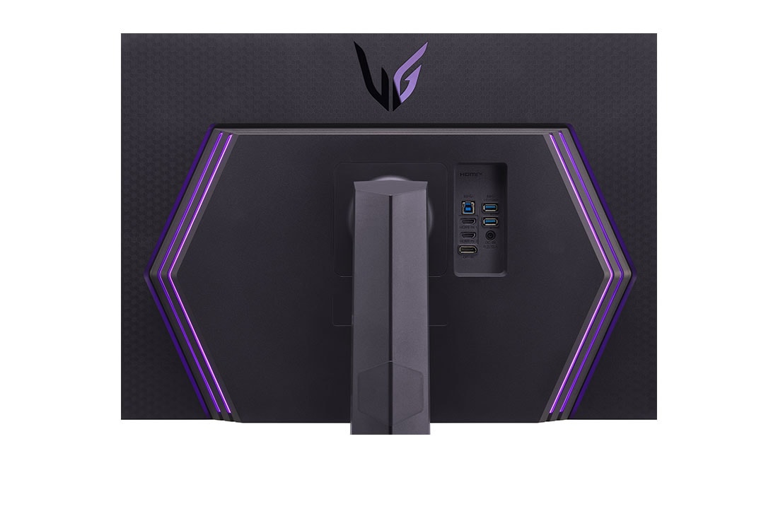 LG 32” UltraGear™ QHD gamingskjerm med 240 Hz (O/C 260 Hz) oppdateringsfrekvens, nærbilde av inngangsporter med lys på, 32GQ850-B, thumbnail 11
