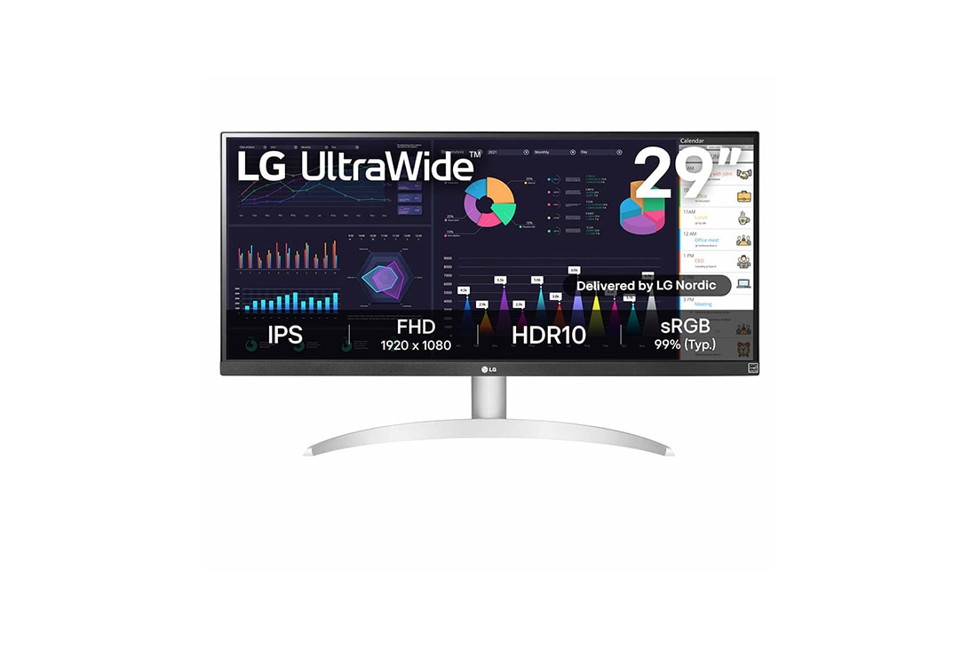 LG 29'' 21:9 UltraWide™ Full HD IPS-skjerm med AMD FreeSync™, visning forfra, 29WQ600-W
