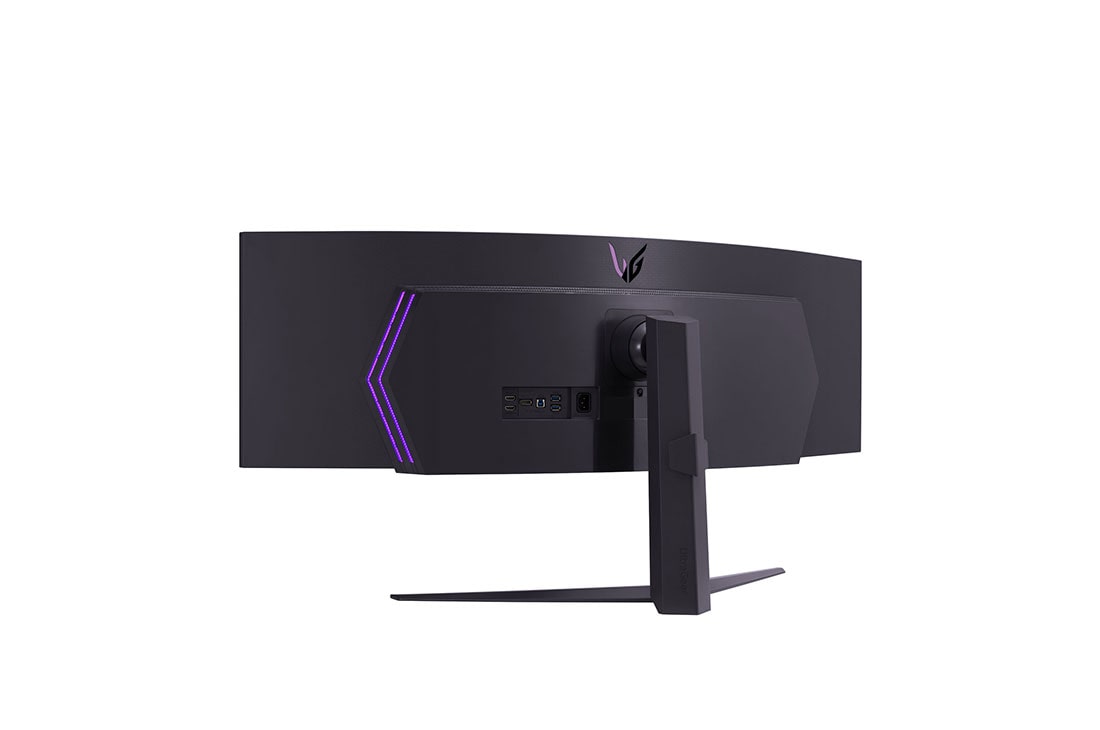 LG 49” UltraGear™ 32:9 buet dobbel QHD-gamingskjerm med 240&nbsp;Hz oppdateringsfrekvens, visning bakfra i perspektiv med lys på, 49GR85DC-B, thumbnail 10