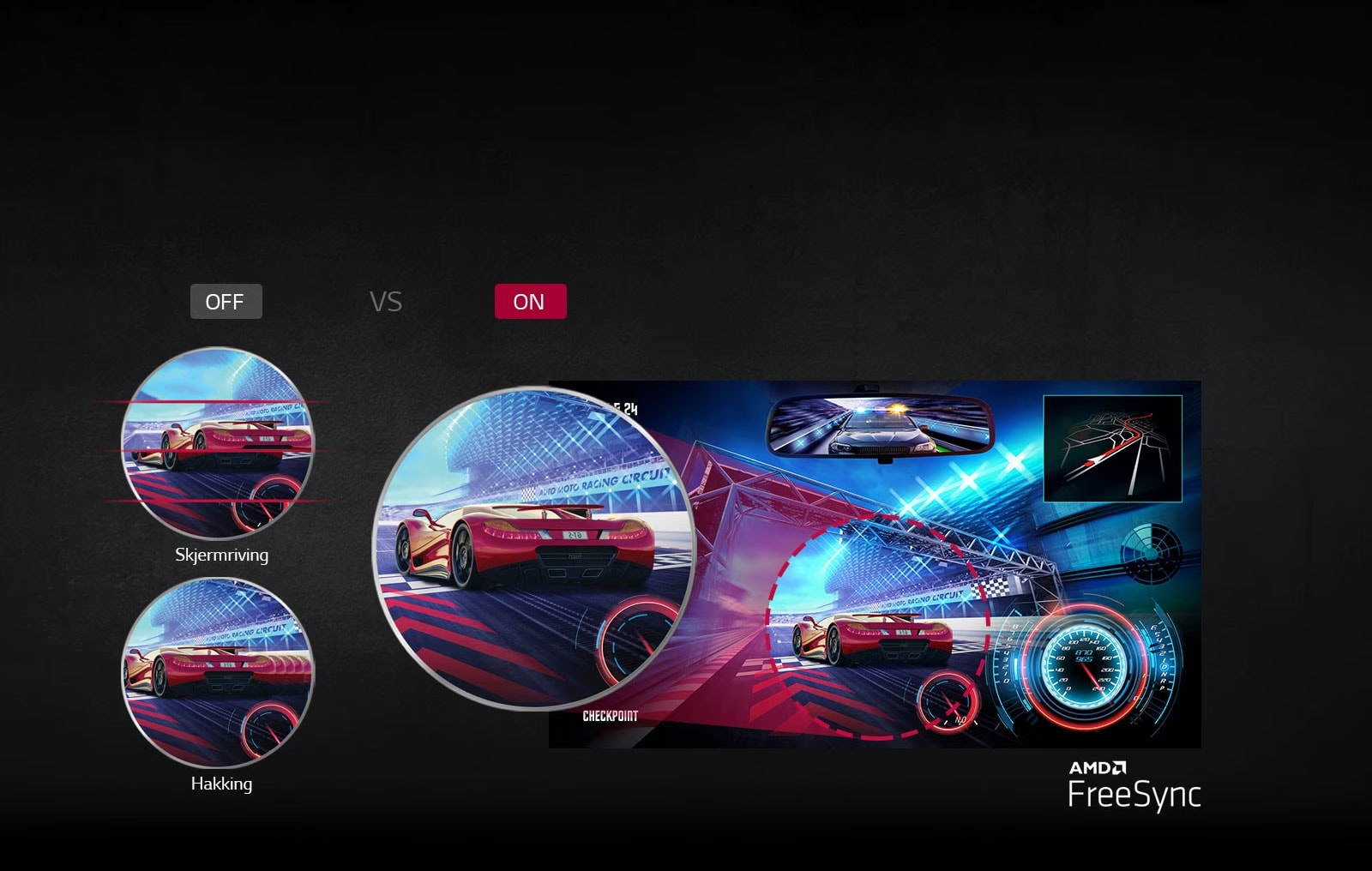 rivende og hakkende skjerm uten FreeSync versus klar skjerm med AMD FreeSync™