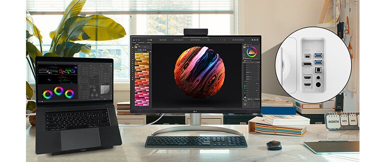 LG UltraFine™ er kompatibel med mange forskjellige enheter ved å tilby USB Type-C™, DisplayPort, HDMI-port og to USB-porter.