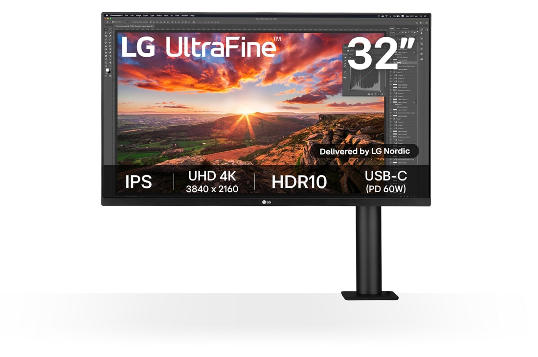 LG 31,5 “ UHD 4K Ergo IPS-skjerm med USB type C™, Framifrån Monitorarm till höger, 32UN880P-B