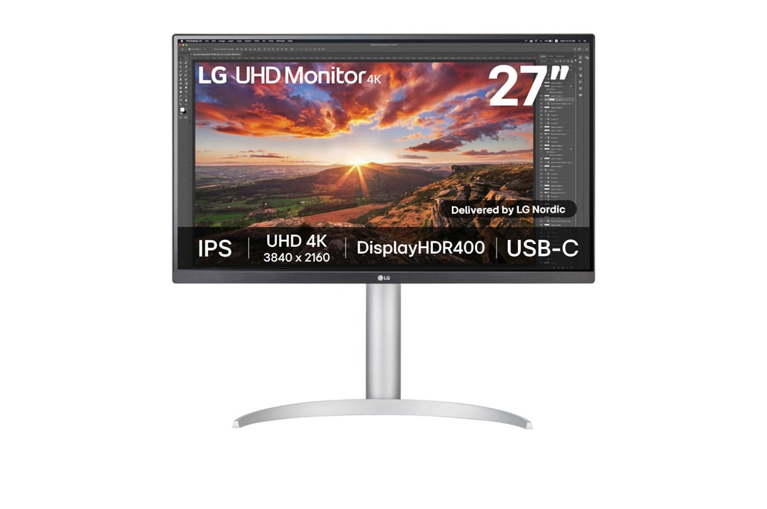 LG 27'' UHD 4K IPS-skjerm med VESA DisplayHDR™ 400, visning forfra, 27UP85NP-W