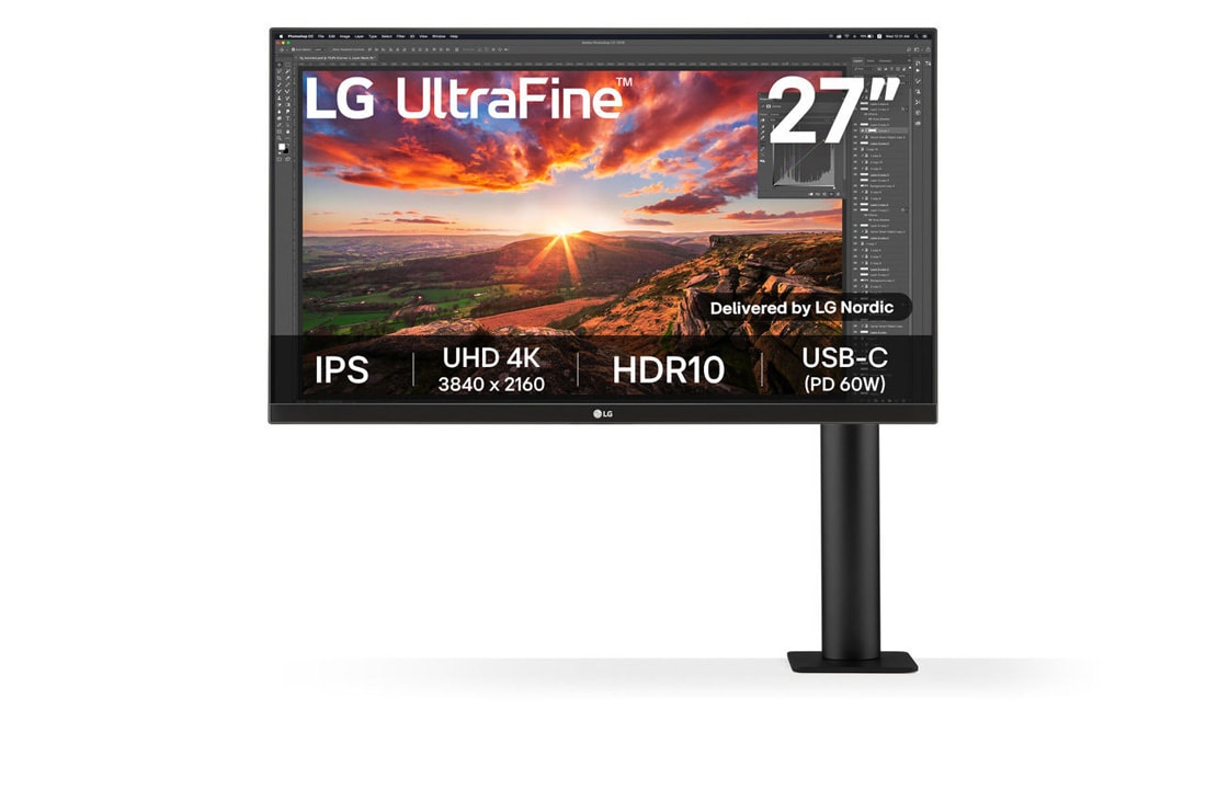 LG 27'' UHD 4K Ergo IPS-skjerm med USB Type-C™, sett forfra med skjermarm til høyre, 27UN880P-B