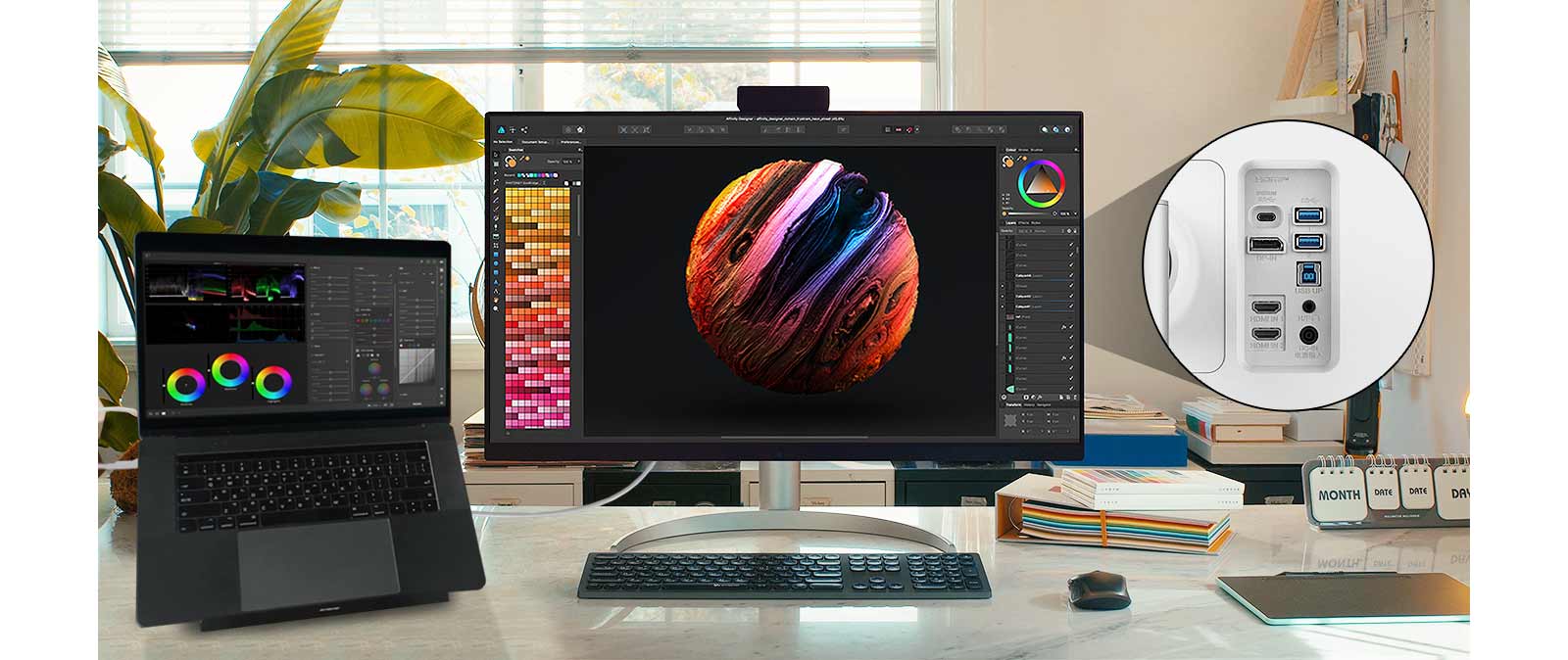 LG UltraFine™ er kompatibel med ulike typer enheter ved å tilby USB Type-C™, DisplayPort, HDMI-port og to USB-porter.
