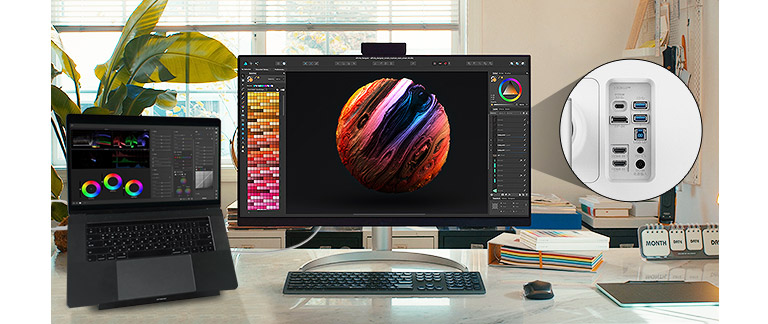 LG UltraFine™ er kompatibel med ulike typer enheter ved å tilby USB Type-C™, DisplayPort, HDMI-port og to USB-porter.