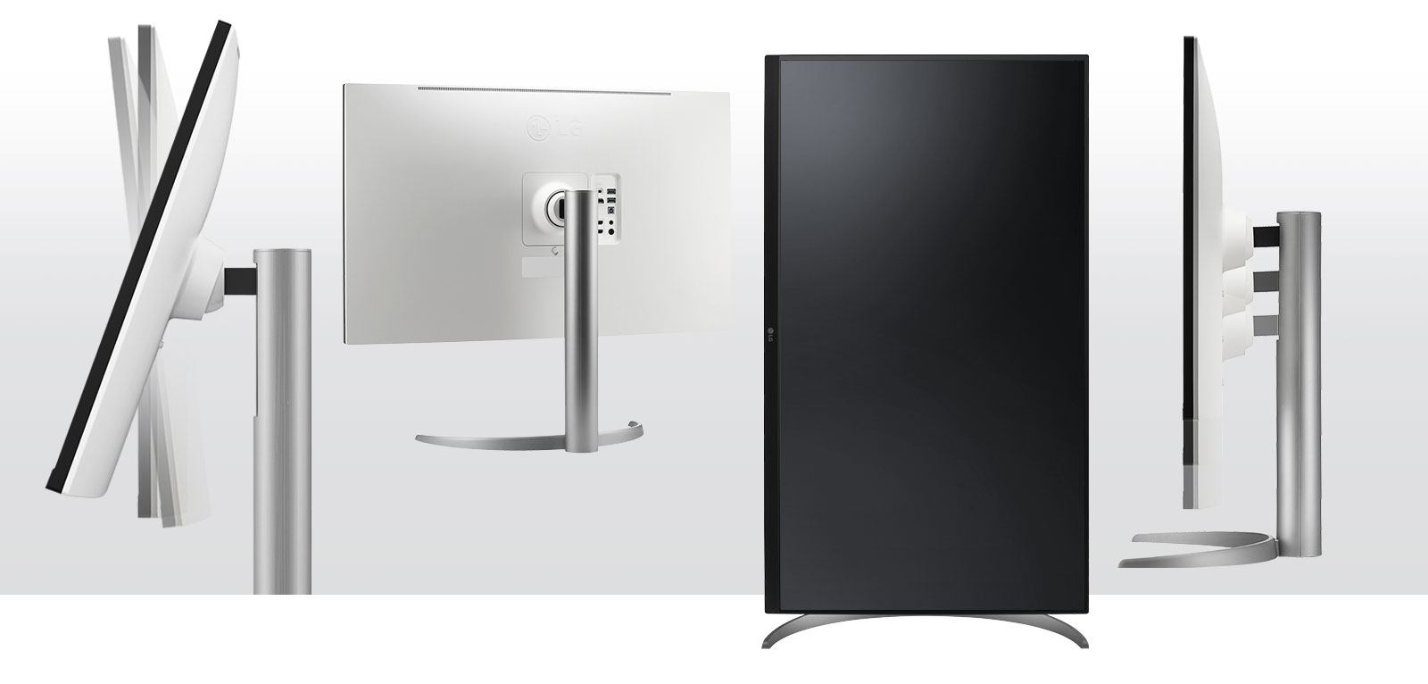 skjermen i ergonomisk design støtter alternativer for vippe-, sving- og høydejustering og tilbyr One Click-stativ.
