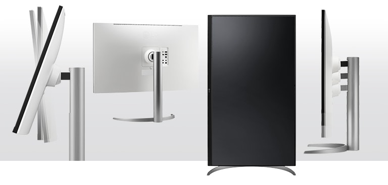 skjermen i ergonomisk design støtter alternativer for vippe-, sving- og høydejustering og tilbyr One Click-stativ.