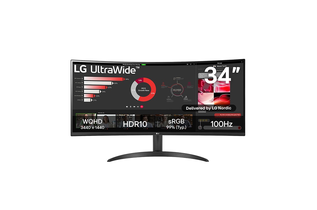 LG 34'' 21:9 Curved UltraWide™ QHD (3440x1440) Monitor med FreeSync™, visning forfra, 34WR50QC-B