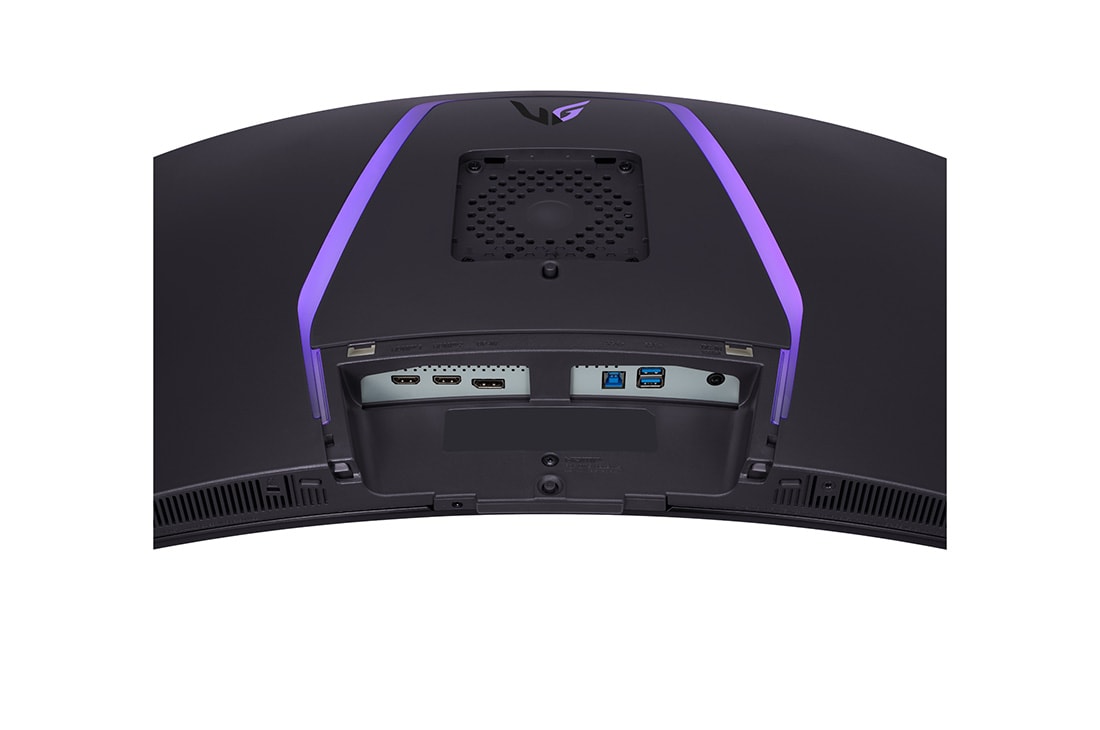 LG 39'' UltraGear™ OLED helt ny 800R buet spillskjerm | 21:9 Ultra-WQHD 240 Hz, 0,03 ms (GtG), DisplayHDR True Black 400, nærbilde av inngangsporter med lys på, 39GS95QE-B, thumbnail 12