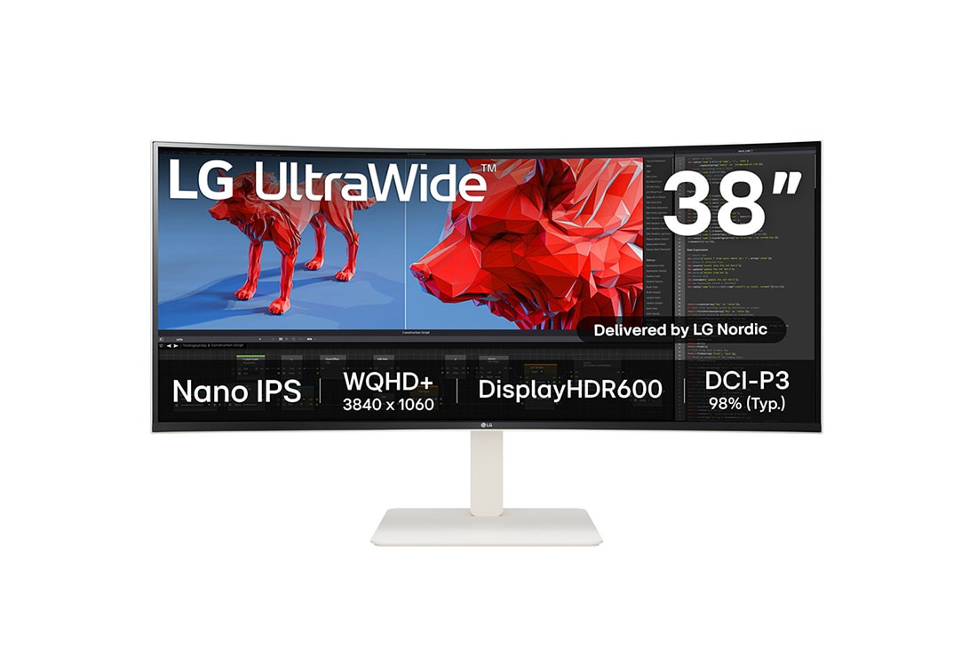 LG 38'' UltraWide™ QHD+ (3840x1600) buet skjerm, visning forfra, 38WR85QC-W