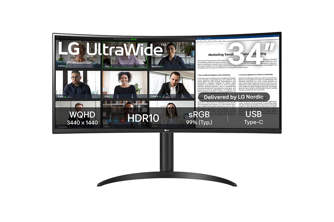 LG 34'' UltraWide QHD Curved skjerm med USB Type-C™, visning forfra, 34WR55QC-B