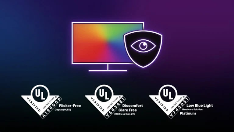 Øyekomfort med LG OLEDs UL-sertifiseringslogoer – UL VERIFIED Flicker-Free Display (OLED), UL VERIFIED Discomfort Glare Free, UL VERIFIED Low Blue Light Hardware Solution Platinum.