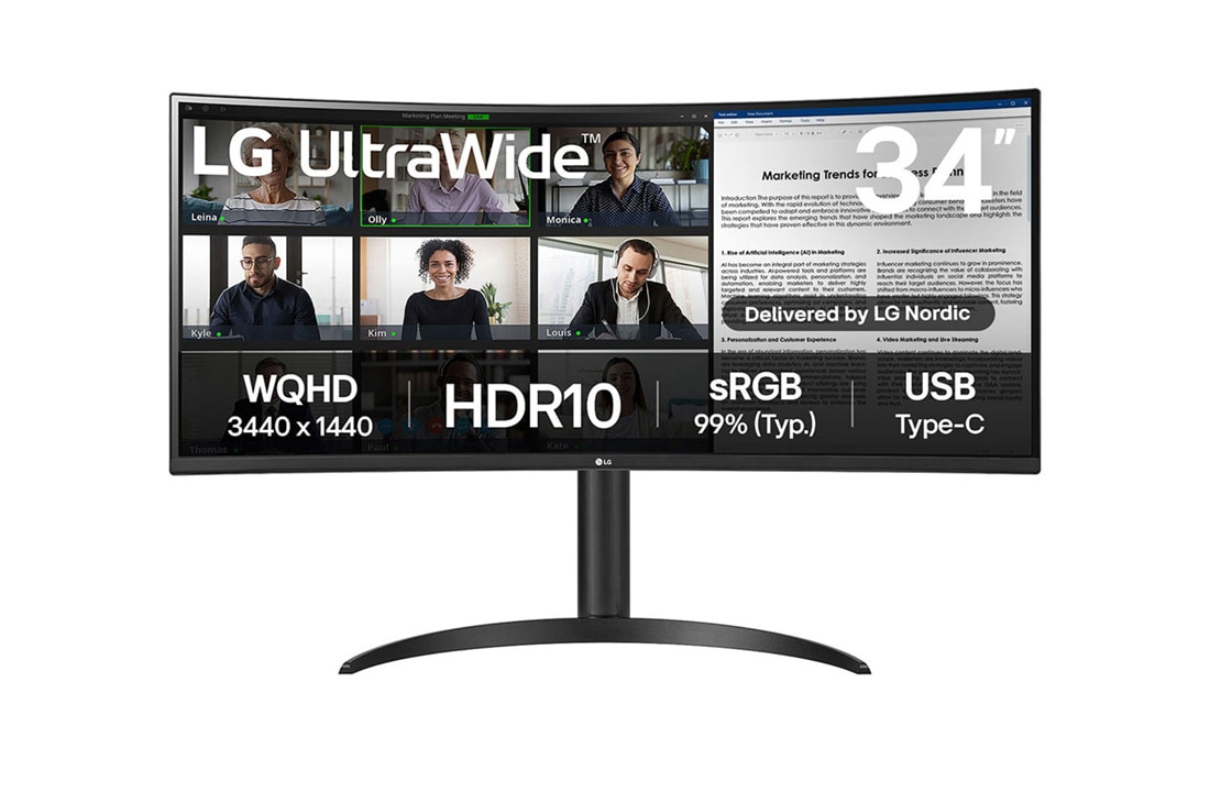 LG 34'' UltraWide QHD Curved skjerm med USB Type-C™, visning forfra, 34WR55QK-B