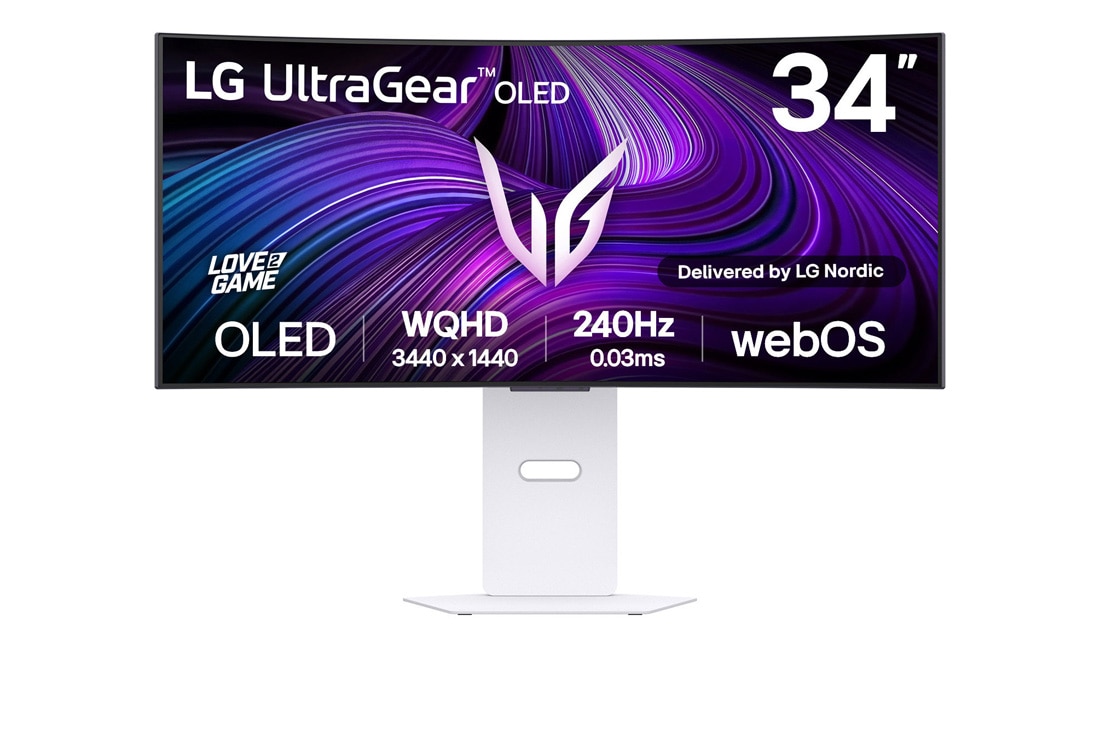 LG UltraGear™ 34-tommers OLED 240 Hz WQHD buet smart spilleskjerm | webOS, 0,03 ms (GtG), 240 Hz, DisplayHDR True Black 400, visning forfra, 34GX90SA-W
