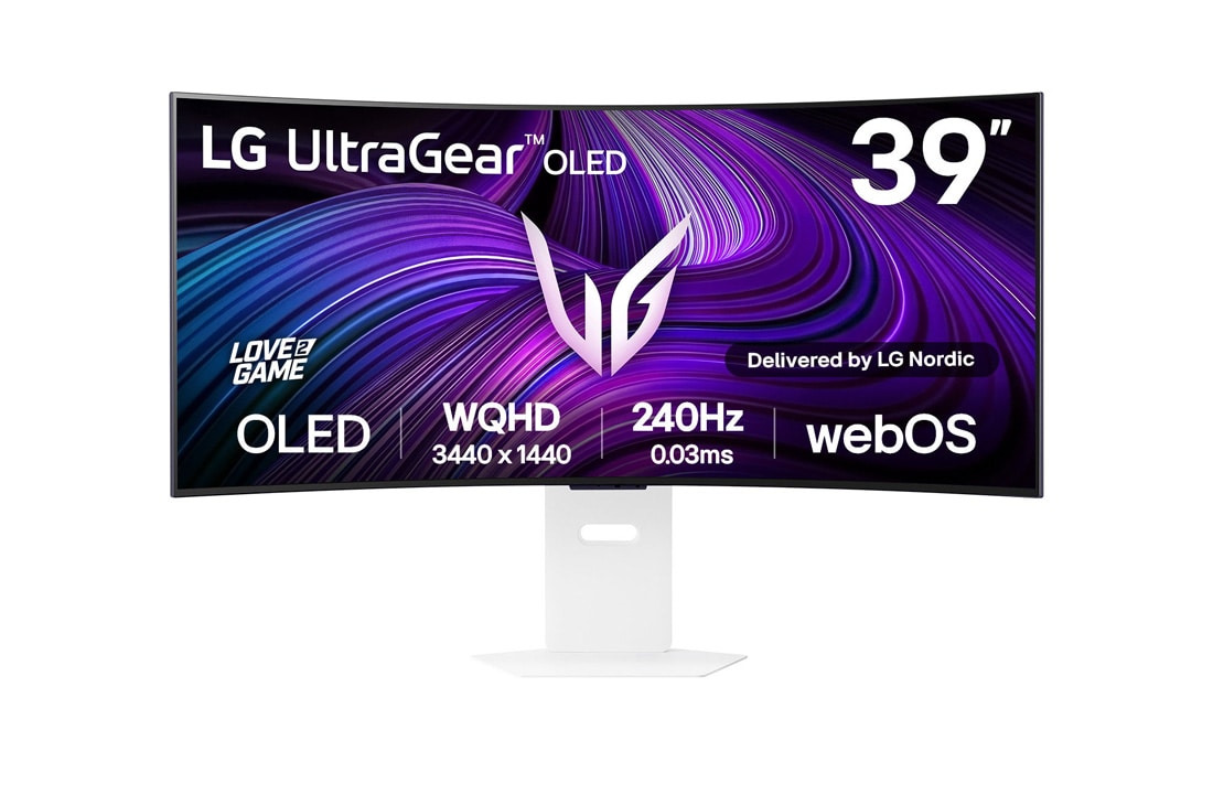 LG UltraGear™ 39-tommers OLED 240 Hz WQHD buet smart spilleskjerm | webOS, 0,03 ms (GtG), 240 Hz, DisplayHDR True Black 400, visning forfra, 39GX90SA-W