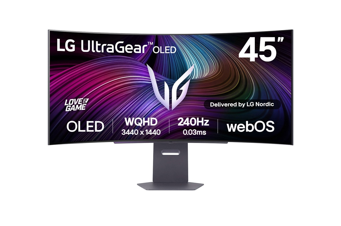LG UltraGear™ 45-tommers OLED 240 Hz WQHD buet smart gamingskjerm | webOS, 0.03 ms (GtG), 240 Hz, DisplayHDR True Black 400, visning forfra, 45GX90SA-B