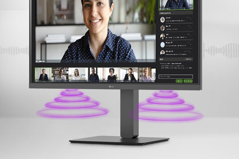 Visning fra siden som viser en videokonferansescene på skjermen.	