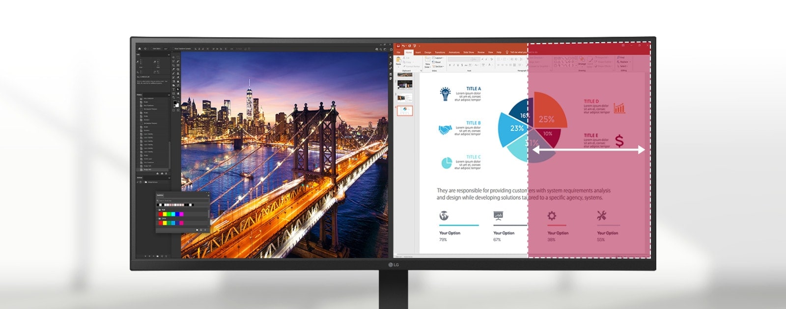 En 21:9 WQHD buet skjerm viser Photoshop og PowerPoint, og den store skjermen gjør det mulig å bruke flere programmer samtidig, noe som øker arbeidsproduktiviteten.	