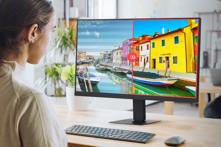 Sammenligningsbilde av høyre side hvor flimringsfri teknologi brukes og venstre side uten at flimringsfri teknologi brukes.	