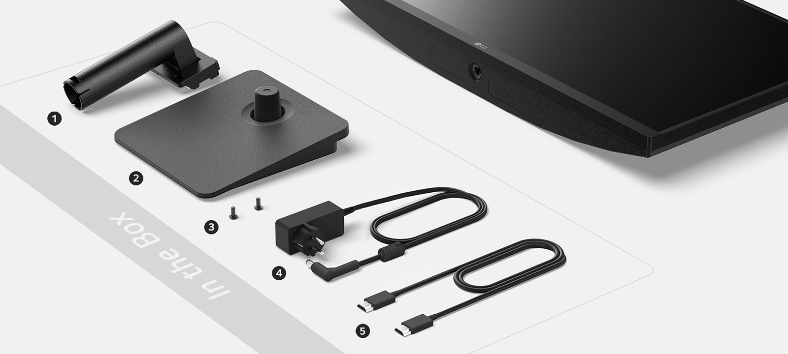 Stativ, stativbase, skrue, adapter+strømkode og HDMI-kabel i esken.
