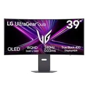 LG UltraGear™ 39-tommers OLED 240 Hz WQHD buet spillskjerm | 0,03 ms (GtG), DisplayHDR True Black 400, USB-C (PD 65 W) og HDMI 2.1, visning forfra, 39GX900A-B, thumbnail 1