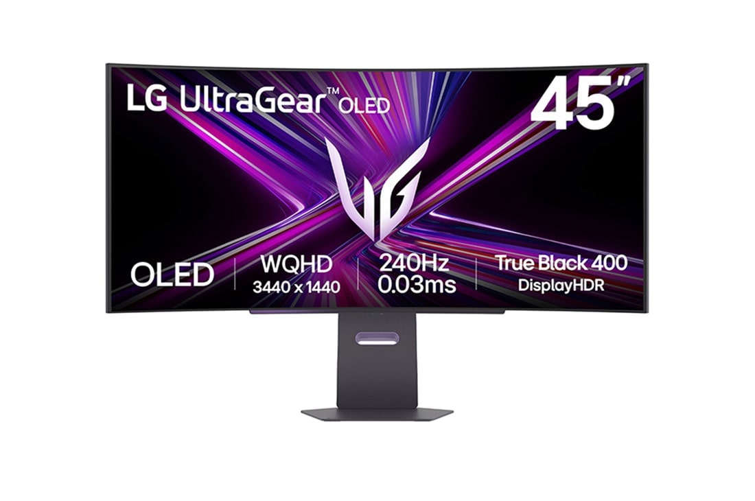 LG UltraGear™ 45-tommers OLED 240 Hz WQHD buet spillskjerm | 0,03 ms (GtG), DisplayHDR True Black 400, USB-C (PD 65 W) og HDMI 2.1, visning forfra, 45GX900A-B