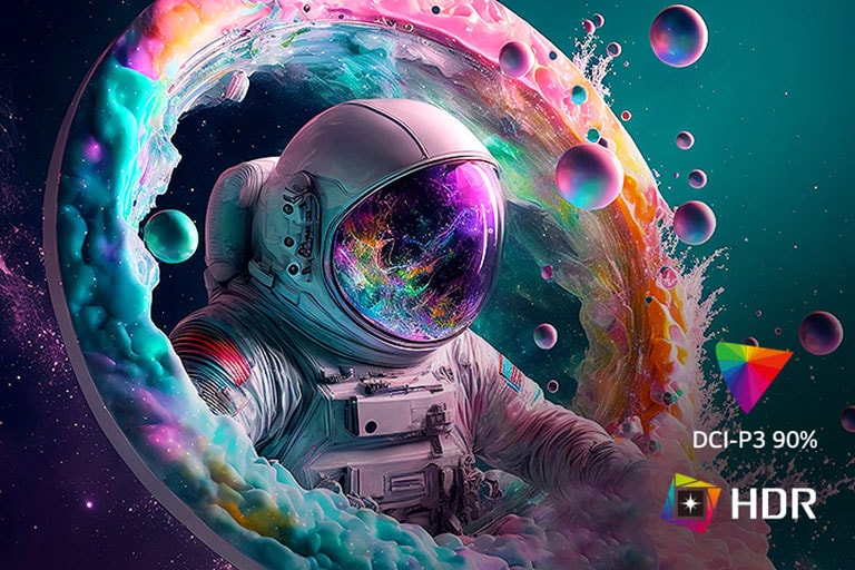 Det viser en astronaut og et fargerikt abstrakt bilde med levende 4K UHD-farger.