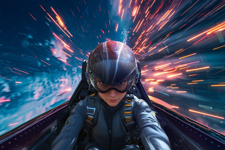 Fargerik sci-fi-astronautscene som fremhever levende klarhet med DisplayHDR 400 på LG UltraWide-skjermen.