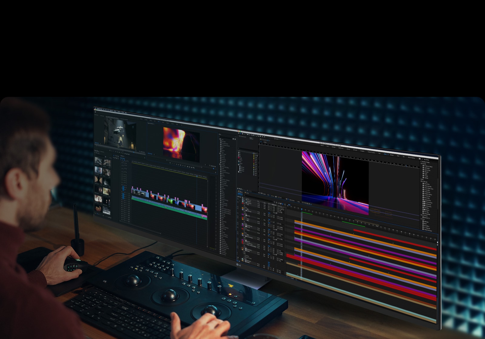 Videoredigerer som bruker LG UltraWide-skjermen til å jobbe med en full videotidslinje med profesjonelle redigeringskontroller.