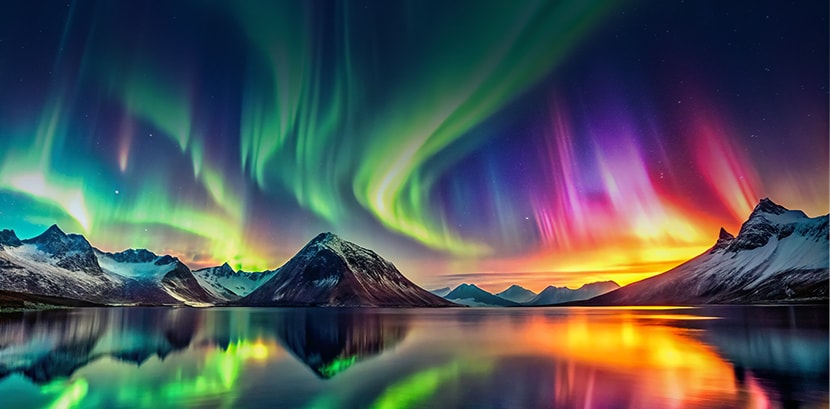 Et levende landskap med nordlys som lyser opp snødekte fjell og deres speilbilde i en stille innsjø, som viser høy dynamisk rekkevidde i farge og kontrast.