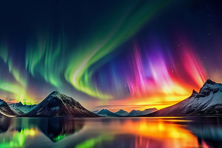 Et levende landskap med nordlys som lyser opp snødekte fjell og deres speilbilde i en stille innsjø, som viser høy dynamisk rekkevidde i farge og kontrast.