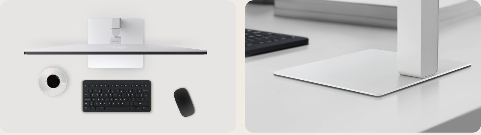 Topp- og skråvisninger av en skjermoppsett på et ryddig skrivebord, med en kaffekopp, trådløst tastatur, mus og et elegant, lavprofilert stativ som sikrer stabilitet og sparer plass.