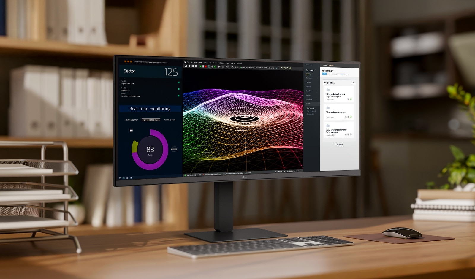En moderne hjemmekontoroppsett med en stor ultrabred LG-skjerm som viser datadashbord, 3D-grafikk og prosjektstyringsverktøy, med et trådløst tastatur og mus på et trebord.	