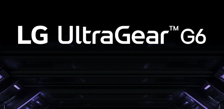 UltraGear™ G6-logo i et futuristisk rom med neonlys.