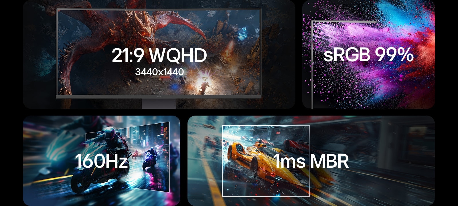 21:9 WQHD 3440x1440, sRGB 99 %, 160 Hz, 1 ms MBR	