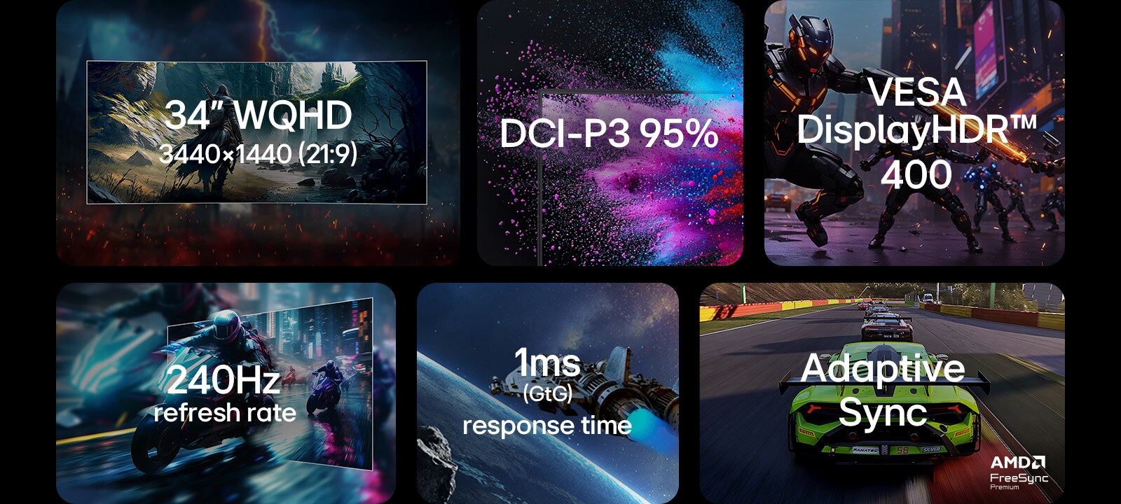 Funksjonsoversikt for en spillskjerm med vekt på: 21:9 WQHD 3440x1440 oppløsning, DCI-P3 95 % fargerom, VESA DisplayHDR 400, 240 Hz oppdateringsfrekvens, 1 ms (GtG) responstid og Adaptive Sync med støtte for AMD FreeSync Premium.