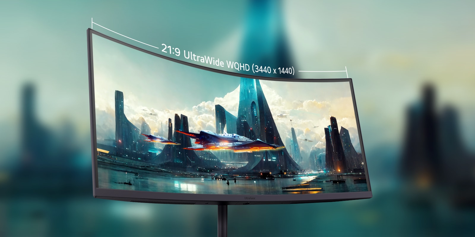 21:9 UltraWide WQHD buet skjerm (3440x1440) som viser en futuristisk bysilhuett med et romfartøy som flyr over opplyste tårn.