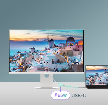 Et bilde som viser en smartskjerm koblet til en bærbar PC via USB-C, som demonstrerer lading og dataoverføring.	