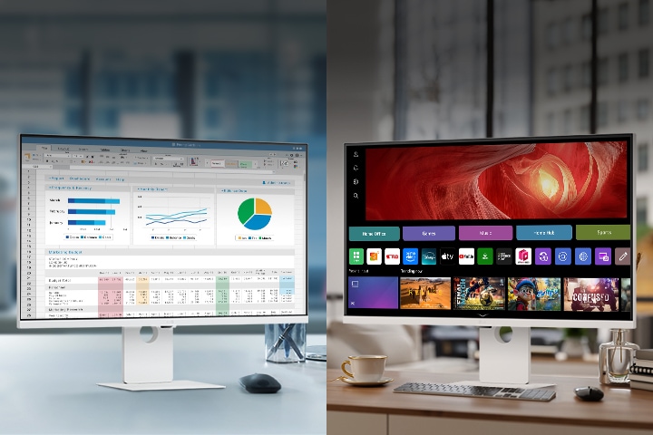 Et bilde som viser LG Smart Monitors på et kontor og i et hjem.	