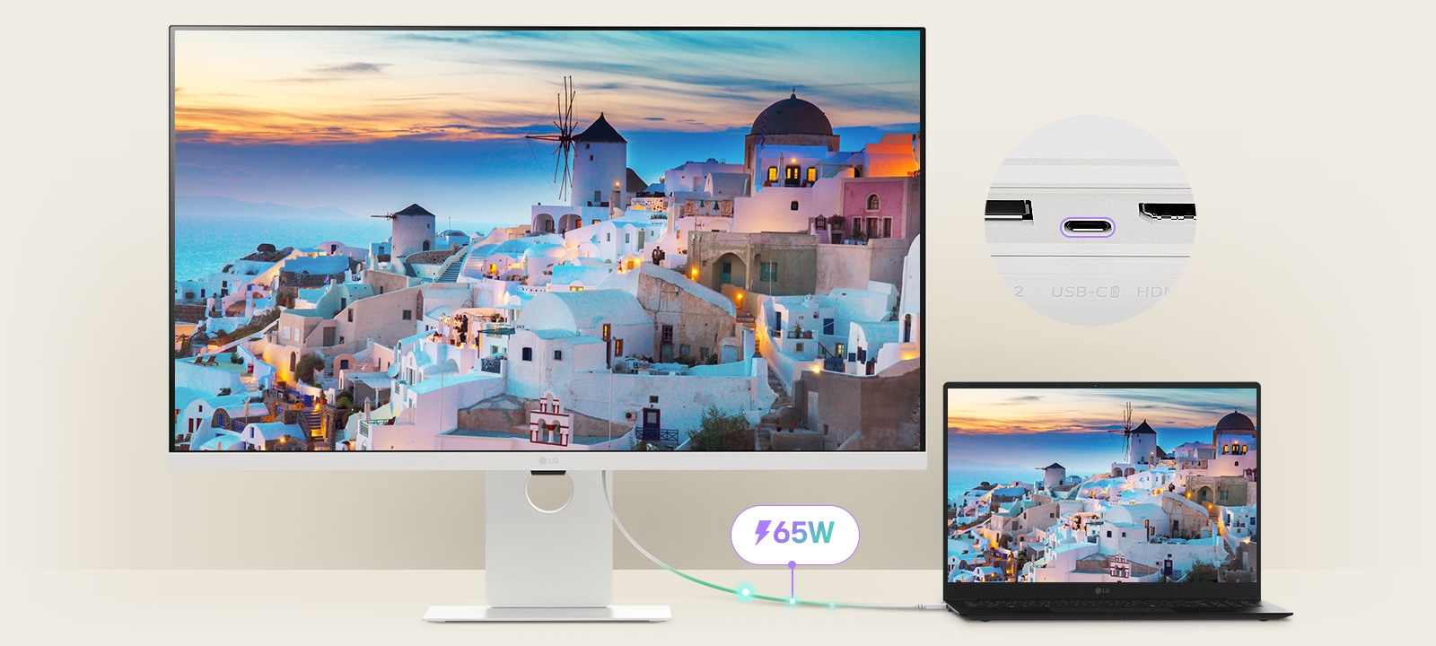 En bærbar PC er koblet til en LG Smart Monitor via USB-C. Den lades gjennom USB-C samtidig som den viser samme skjerm.	